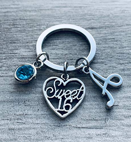 Personalized Sweet 16 Charm Keychain with Birthstone & Letter, Custom Sweet Sixteen Jewelry, 16th Birthday Gift For Girls