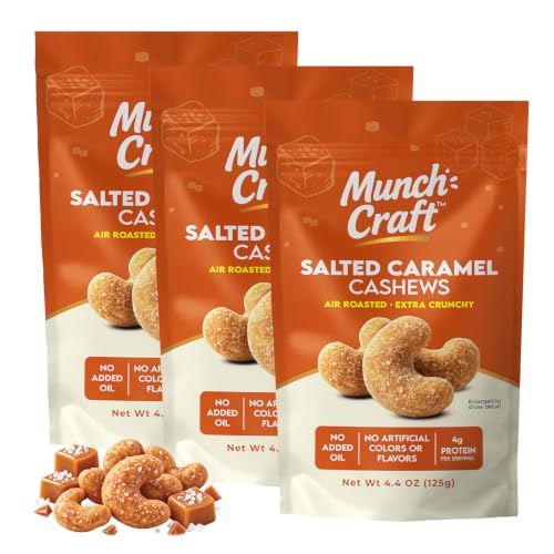 Munch Craft Gourmet Salted Caramel Cashews – Perfectly Balanced Flavor (Buttery Caramel &amp; Sea Salt) – Extra Crunchy Air-Roasted Nuts, Oil-Free – No Artificial Colors or Flavors – Three 4.4 oz Bags (13.2 oz Total)