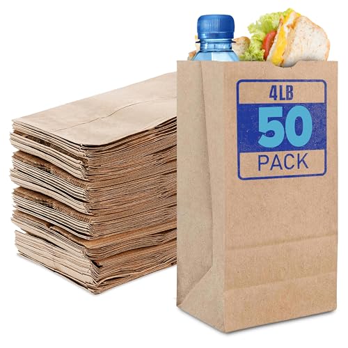 Stock Your Home 4 lb Kraft Brown Paper Lunch Bags (50 Count) – Bulk Disposable Lunch Sacks, Small Blank Bags for Snacks, Sandwiches, Grocery Food, and Arts & Crafts Projects