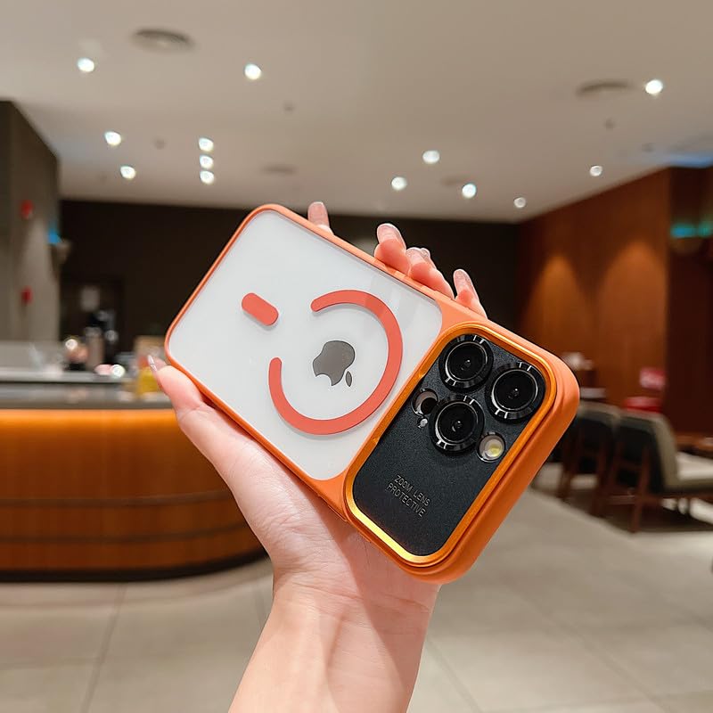 Image of LuxuryKase Magnetic Clear Case for iPhone 14 Pro Max | MagSafe Compatible | Slim Protective Cover | Shockproof Bumper | Anti Yellow Transparent Back | Camera Guard Design - Orange