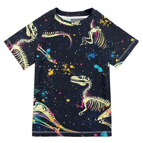 Boys Short Sleeve T-Shirts Dinosaur Fossil Graffiti Skull Rashguard Kids Swim Shirts Sun UPF 50+