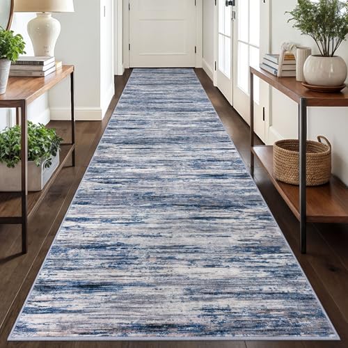 2.6x18 Navy Blue Gray Neutral Multi Modern Abstract Runner Rug for Hallways, Super Soft Hallway Decor Kitchen Rugs with Non-Slip, Non-Shedding Washable Rug for Entryway Bedroom Indoor