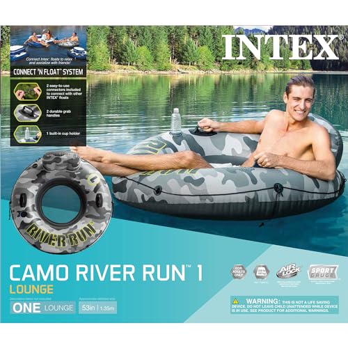 Intex 56835EP River Run I Camo Inflatable Floating Towable Water Tube Raft with Cup Holders and Handles for River, Lake, or Pools, Gray Camo (4 Pack) - Thumbnail 4