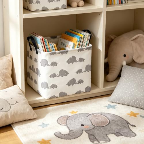 Image of Square Storage Baskets Children Shelves Gift Toy Organizer Room Elephant | Laundry Hamper Collapse Canvas with Handles for Organizing Home Kitchen Children Toys Office Closet Shelf