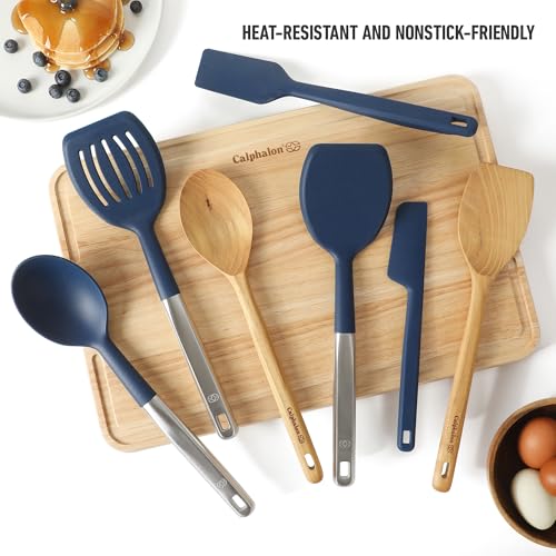 Image of Calphalon Prime 7-Piece Silicone and Teak Wood Kitchen Tool Set, Stainless Steel Kitchen Utensil Set, Kitchen Spoon And Spatula Set, Heat Resistant Non-Slip Kitchen Gadgets Set - Navy Blue