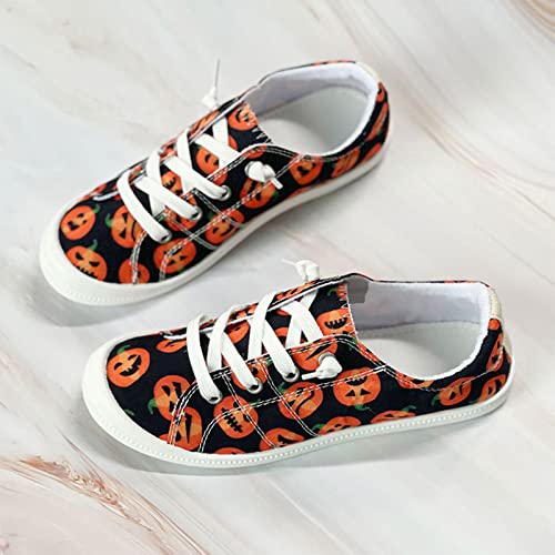 Women's Canvas Shoes,Halloween Pumpkin Ghost Print Flat Sports Shoes for Women Breathable Women's Shoes3