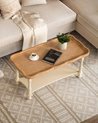 Vonluce French Country Coffee Table, 40'' Farmhouse Rustic Unfinished Wood Tray Top Vintage Coffee Table For Living Room Dining Room Bedroom thumb #6