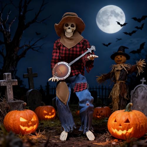 Squelette effrayant guitariste d'Halloween avec yeux lumineux