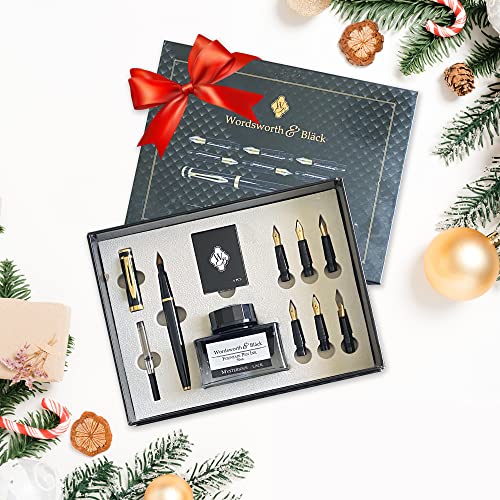 Wordsworth & Black Calligraphy Pen Gift Set, Includes Ink Bottle, 6 Ink Cartridges, Ink Refill Converter, 6 Replacement Nibs, Premium Package, Journaling, Smooth Writing Pens [Black Gold] #TOP5