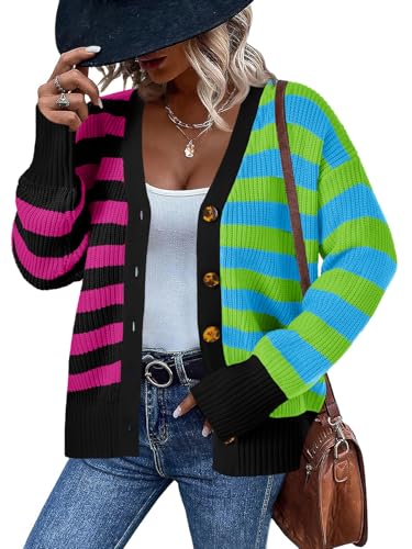 Image of Saodimallsu Womens Striped Cardigans Color Block Button V Neck Open Front Ribbed Knit Loose Trendy Sweater Coats