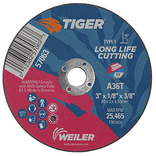 Image of Weiler 57063 3-Inch Cutting Wheel, Tiger AO Steel /Metal Long Life, Performance Cutting, 1 /8 inch A36T Type 1 3 /8 inch Arbor (Pack of 100)