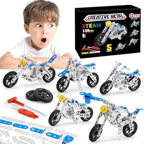 BESTYMXY Building Kit Model Motorcycle Set, 5 in 1 Metal Motorbike STEM Project Building Toys for Kids Ages 8-12, DIY Assembly Metal Motorcycle Toys Model Gift Cover