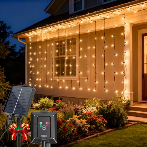 Aigostar 4 Piezas Cortina de Luces Solar, 1m×1m 100LED Guirnalda Luces Navidad Exterior y Interior, 8 Modos, IP65 Impermeable para Habitacion (Blanco Cálido)