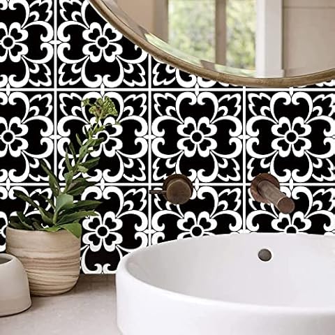 Black Tile Stickers Moroccan Tile Stickers Transfers Sticker Vinyl Tile Decals Peel and Stick Self Adhesive Tile for Home Kitchen Bathroom Stick On Wall Decor ( 6x6 inches) Cover