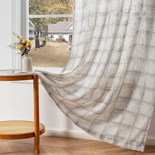Image of MYSKY HOME Linen Sheer Curtains 95 Inch Length for Bedroom, Living Room Curtains 2 Panel Sets, Soft Plaid Linen Polyester Blend Semi Sheers Light Filtering Back Tab Privacy Drapes, 50 inchx95 inch, Grey