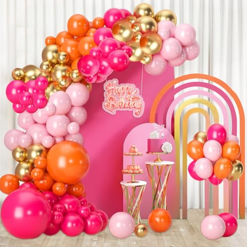 Guirnalda de globos rosa y naranja, globos de látex rosa naranja intenso con confeti de macaron rosa y oro, globos de helio de látex para niñas, mujeres, cumpleaños, bodas, baby shower, despedida de