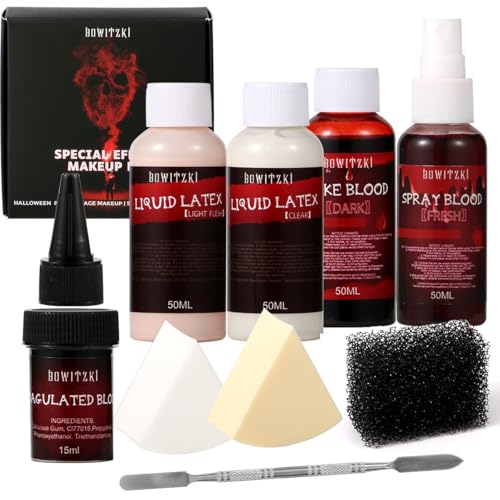 Bowitzki Fake Blood & Liquid Latex Kit Pro SFX Makeup Set with 50ml Dark Fake Blood 50ml Fresh Spray Blood 2pcs Liquid Latex Coagulated Blood Sponge & Spatula for Halloween Cosplay