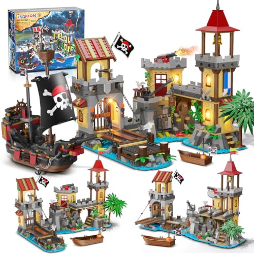 INSOON Juego de construcción de castillo pirata con luz, 3 modos, bloque de construcción de barco pirata grande, 1502 piezas, modelo de construcción de casa de muelle pirata medieval, juguete para