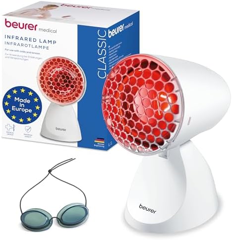 Beurer IL 11 Infrarotlampe mit Schutzgitter, Medizinprodukt mit wohltuender Wärme zur Anwendung bei Erkältung und Muskelverspannung, 5 Neigungsstufen, inklusive Schutzbrille, Weiß
