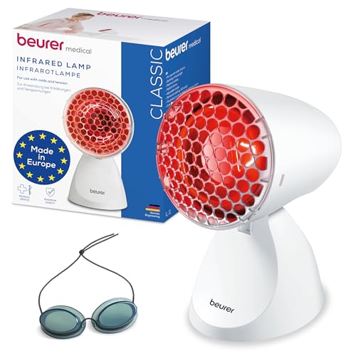 Beurer IL 11 Infrarotlampe mit Schutzgitter, Medizinprodukt mit wohltuender Wärme zur Anwendung bei Erkältung und Muskelverspannung, 5 Neigungsstufen, inklusive Schutzbrille, Weiß