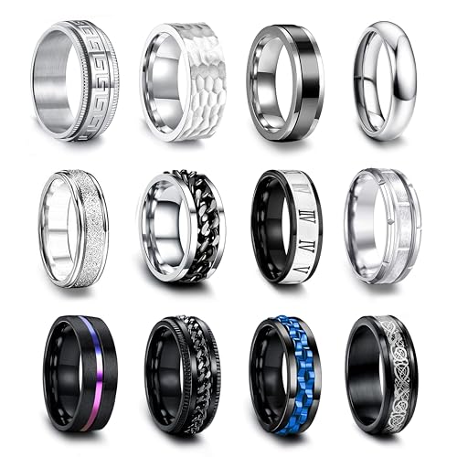 EIELO 12Pcs Stainless Steel Band Rings for Men Women Cool Fidget Spinning Chain Ring Anxiety Relief Fashion Simple Wedding Engagement Ring Set