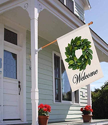 Baccessor-Spring-Summer-Welcome-Wreath-House-Flag-28-x-40-Inch-Magnolia-Leaves-House-Flag-Vertical-Double-Sided-Burlap-Farmhouse-Large-Flags-Outdoor-Outside-Seasonal-Yard-Decoration Baccessor Spring Summer Welcome Wreath House Flag 28 x 40 Inch Magnolia Leaves House Flag Vertical Double Sided Burlap Farmhouse Large Flags Outdoor Outside Seasonal Yard Decoration