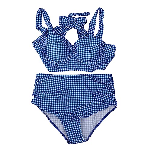 Maiô Feminino de Duas Peças, Fecho de Alça Nas Costas Estampa Xadrez Azul para Festa na Praia (GG)