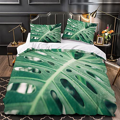 Parure de lit 2 pièces avec Housse de Couette Taro perforée pour Enfants Motif Feuilles de Monstera 3D avec Fermeture éclair pour Amoureux des Animaux Cover