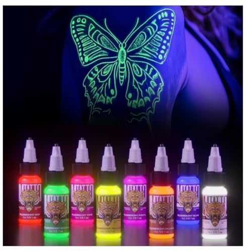 Fluorescent Tattoo Ink Set - Tattoo Inks Pigment Kit 8 Color 1/2oz 15ml/Bottle Professional Tattoo Fluorescent Ink & Tattoo Equipment for Halloween Supplies