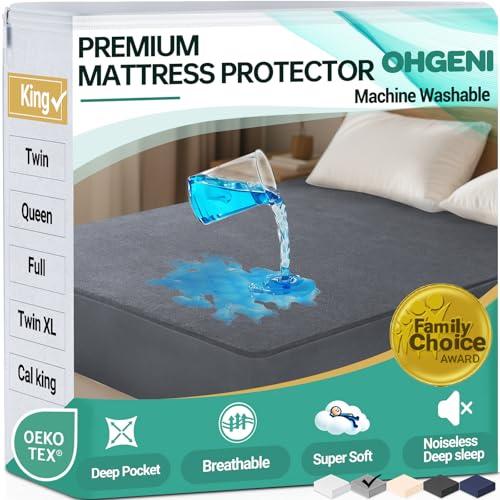 OhGeni 100% Waterproof Mattress Protector, King Grey Size, Fitted Sheet with Deep Pockets, 6''-18'', Premium Noiseless Breathable Soft Material, Mattresses Cover for Bed