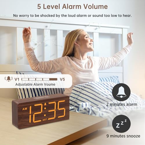 DreamSky Wooden Digital Alarm Clock for Bedroom - Desk Clock with Large Numbers for Living Room Office, Loud Alarm for Heavy Sleepers Adults, Volume Control, Dimmer, DST, Wood Decor (Adapter Powered) - Image 4