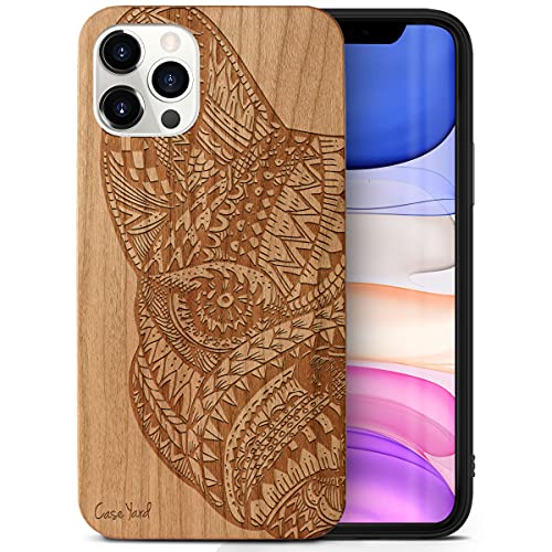 Caseyard Wood Phone Case For Iphone 12/12 Pro Laser Engraved Pug Face Design Cherry Wood Compatible Iphone Case Protective Shockproof Slim Fit Cell Phone Cover For Men & Women #TOP19