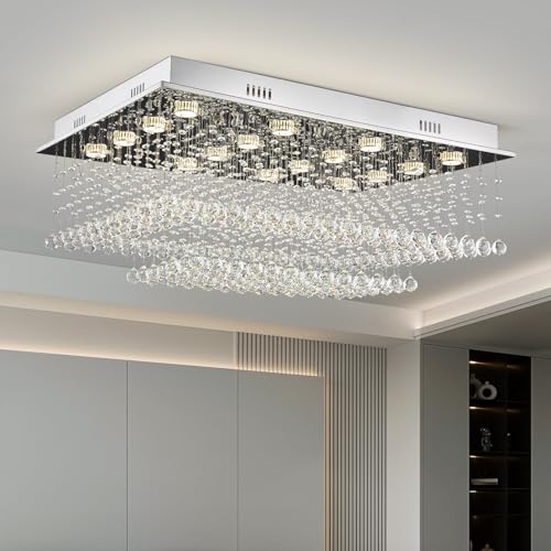 Siljoy Modern Square Crystal Chandelier, Large Flush Mount Ceiling Light Fixture with K9 Raindrop Lights Crystals, Rectangular Chandeliers for Living Room Dining Room, L36'' x W24'' x H14