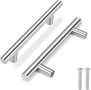 Flexzion 5 Pack Kitchen Cabinet Handles Silver Drawer Pulls 6 inch, 3.8 inch Hole Center, Solid Stainless Steel T Bar with Satin Brushed Nickel, Hardware for Kitchen Cupboard Door Bathroom Furniture