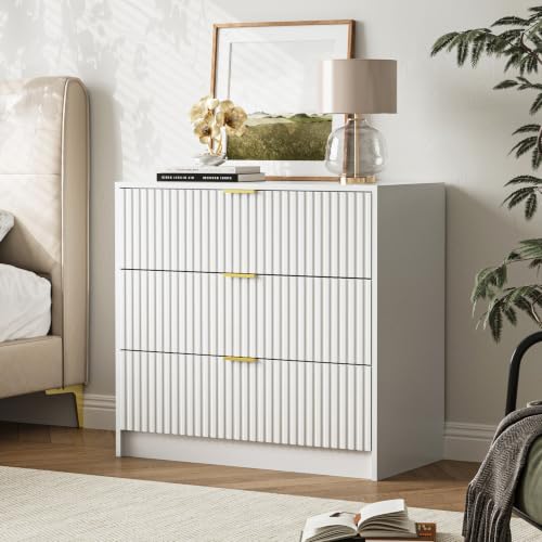 Image of Furniway 31.5 inch Large Nightstand with 3 Drawers, Fluted Bedside Table, Modern Tall End Table with Storage, Wood Night Stand Organizer Cabinet for Bedroom, White