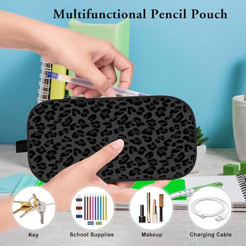 Image of WOBAGMEN Double Layer Pencil Case with Handle Large Pencil Bag Cute Print Pencil Pouch for Boys Girls (Black Leopard)