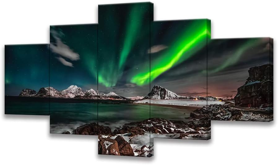 Winter Aurora Borealis Wall Art for Bedroom Northern Lights Wall Decor Landscape Nature Canvas Prints Framed for Office Room Wall Decor (50Wx24H)