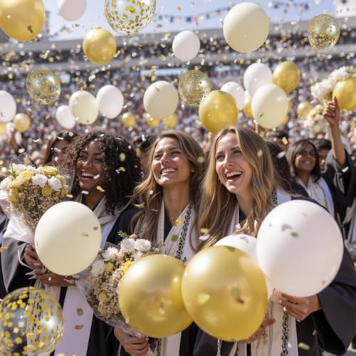 Image of White and Gold Confetti Balloons - 50pcs 12 Inch Metallic Champagne Gold Matte Sand Beige White Latex Balloons for Birthday Graduation Wedding Gender Reveal Party Decorations