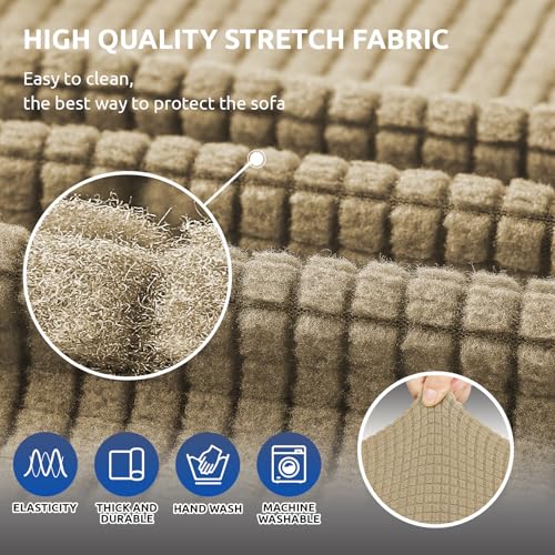 KEKUOU Stretch Sofa Cover Slipcover ,Couch Covers for 3 Cushion Couch Sofa pet Friendly (79"-94") Furniture Protector Sofa with Elastic Bottom for Kids,Dog, Jacquard Small Checked(Large,Tan)