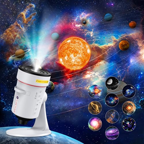 Proyector de Galaxias y Estrellas Real, 4K HD Proyector Planetario con 10 Discos de Película,Rotación de 360 ° Skylight Luz Nocturna con Minutero para Decoracion
