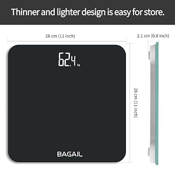 BAGAIL Bathroom Scale, Digital Weighing Scale with High Precision Sensors and Tempered Glass, Ultra Slim, Step-on Technology, Shine-Through Display - Black