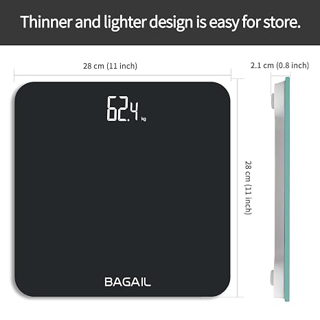 BAGAIL Bathroom Scale, Digital Weighing Scale with High Precision Sensors and Tempered Glass, Ultra Slim, Step-on Technology, Shine-Through Display - Black