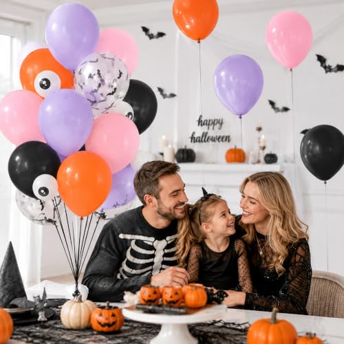Image of Halloween Balloons Pastel Pink Black Spooky One Halloween Party Decorations | Pink Purple Balloon with 3D Bat Sticker Eyeball Bat Print Balloon for Girl Cute Ghost Night Baby Shower Birthday Party Decor