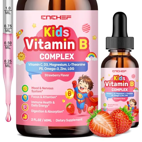 Vitamin B Complex for Kids B1 B2 B3 B6 B9(Folate) B12 Omega-3 & Magnesium Kids B Complex Liquid Supplement for Brain Energy Focus Metabolism Gut & Immune Support Strawberry Flavor 2 fl oz