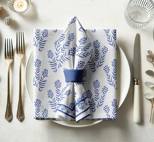 Vargottam Designer Cotton Twill Napkins - Set of 12, 20-Inch, Floral Pattern, Durable & Absorbent Cloth Napkins for Dining, Parties, and Home Decor - Machine Washable