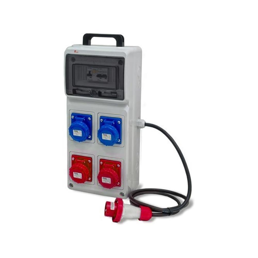Quadro ASC portatile, 3KW 230V/9KW 400V, IP65, 2 prese 2P+T 16A e 2 prese 3P+T 16A, spina 3P+N+T 16A, con magnetotermico differenziale, pulsante di emergenza e cavalletto - Rosi 2243C