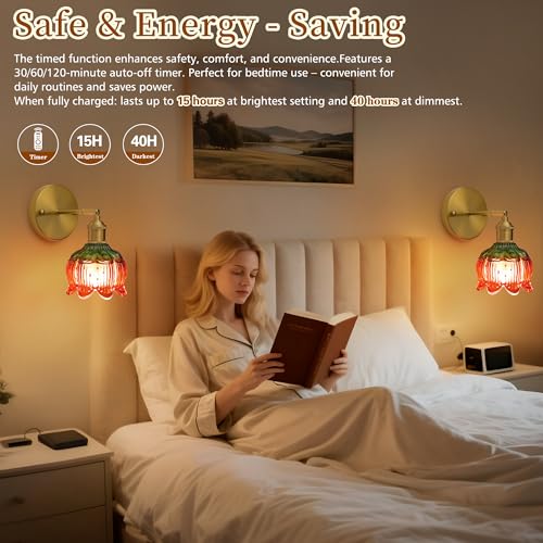 Image of Wireless Wall Sconce with Flower lampshade, Battery Operated Wall Lights,Wall lamp with 15 Colors for Bedroom Living Room Home Decor (Red, 2 Light Battery Operated)