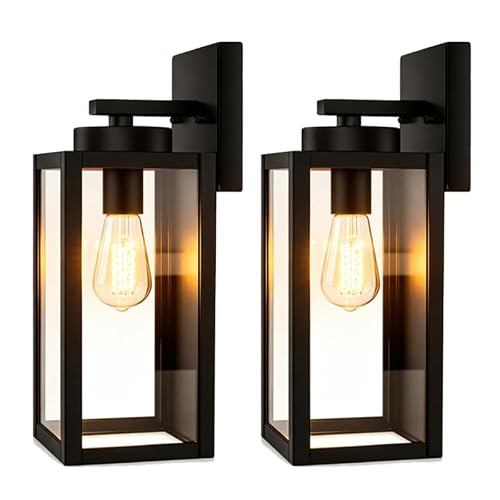 XZM Waterproof Outdoor Wall Light Fixture 2 Pack, Black Exterior Porch Light Wall Sconce with Clear Glass, Anti-Rust Weatherproof E27 Base for House Front Door Patio Garage Garden (2 Pack)