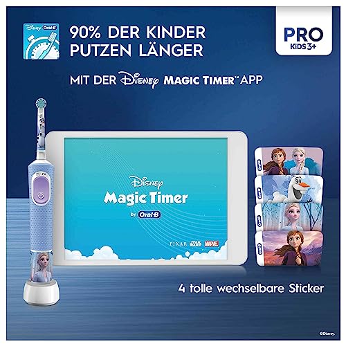 Oral-B Pro Kids Frozen Elektrische Zahnbürste, Electric Toothbrush für Kinder ab 3 Jahren, inklusive Sensitiv+ Modus für Zahnpflege, extra weiche Borsten, 1 Aufsteckbürste, 4 Sticker, blau, lila – Bild 5