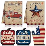 Peryiter 5 Pcs 4th of July Kitchen Towels Pot Holders and Oven Mitt Set Patriotic Retro 2 Dish Towels 2 Square Potholders 1 Heat Resistant Glove for Cooking Baking Gifting Home (Patriotic)